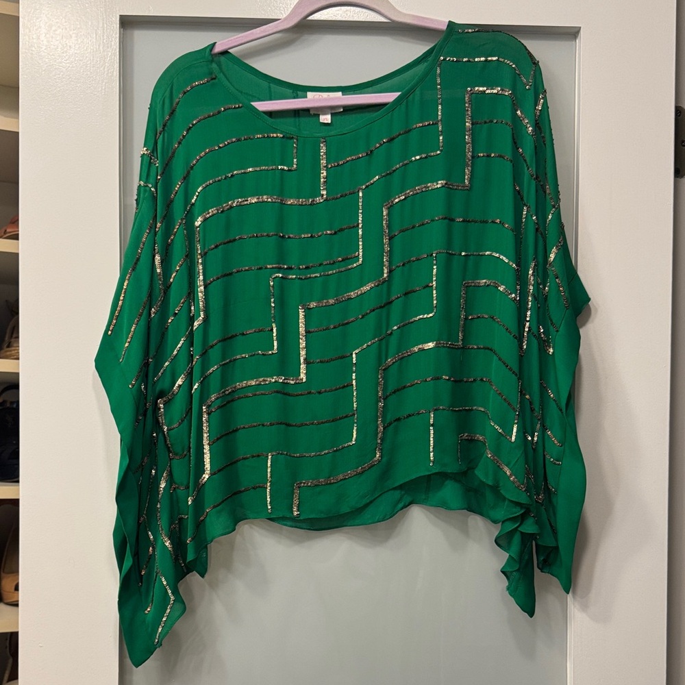 Parker Green and Gold Sequin Blouse XS